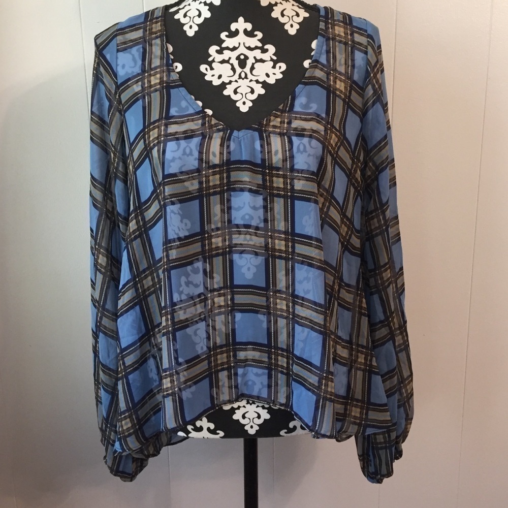Show Me Your MuMu Sheer Window Pane Plaid Long Sleeve Top